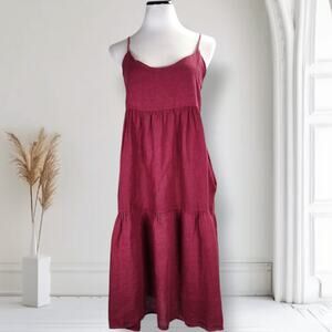 Meo Meli Italy Linen Tiered Midi Dress Wine Open Back Pockets Made in Italy